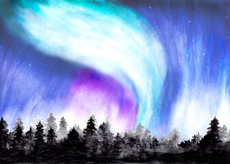 Fototapeta na wymiar Watercolor painting of northern lights