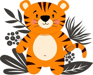 Obraz na płótnie Canvas Cute cartoon tiger coming from the forest. Web