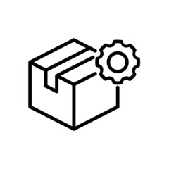 Delivery box with gear line icon. Processing order concept. Customer support included. Packaging, shipping and transportation options. Logistics and cargo organization. Vector illustration, clip art.