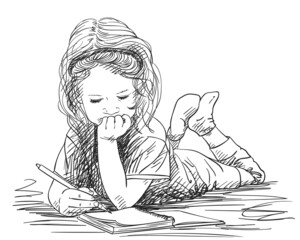 girl drawing laying on floor vector sketch