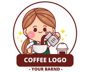 Cute girl coffee shop logo hand drawn cartoon art illustration