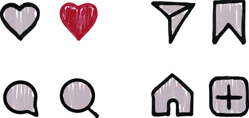 Set of vector icons. Like, comment, share and save icons, search, heart.