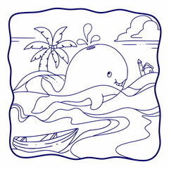 cartoon illustration Whale swims in the sea and spouts water from above his head coloring book or page for kids black and white