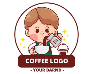 Cute boy coffee shop logo hand drawn cartoon art illustration
