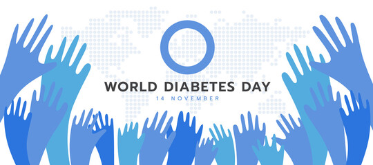world diabetes day text and blue circle symbol on abstract hands raised and dot world map texture background vector design