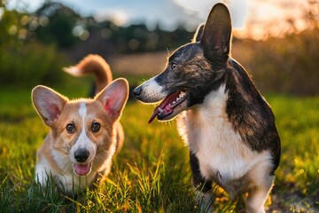 Dwa psy, szczeniaki rasy corgi podczas radosnej zabawy © Michal45