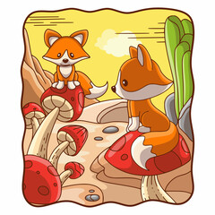 cartoon illustration two foxes sitting on a mushroom
