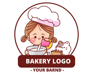 Cute girl bakery logo homemade hand drawn cartoon art illustration