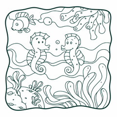 cartoon illustration two seahorses and one fish are in the water coloring book or page for kids black and white