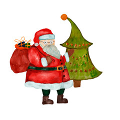 Watercolor illustration of a set Santa Claus with a bag of gifts and a Christmas tree. Hand-drawn and suitable for all types of design and printing.