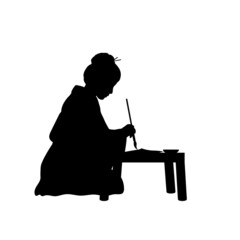 Silhouette asian woman writing chinese calligraphy.