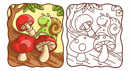 cartoon illustration Snails walk on mushrooms coloring book or page for kids