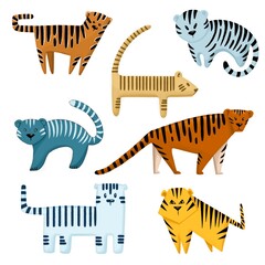 Digital illustration, set of abstract tigers. Design for stickers, prints and other 