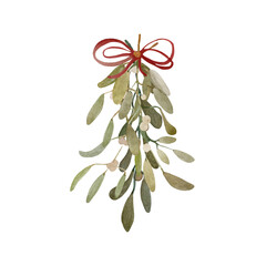Watercolor illustration of mistletoe branch in bowknot. Hand-drawn and suitable for all types of design and printing.