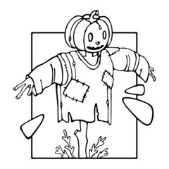 Scarecrow vector outline illustration. Doodle style. For Coloring book, Halloween design greeting card