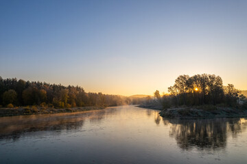 Aerial autumn fall sunrise dawn view in Neris regional park, Lithuania