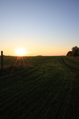 Obraz premium Picturesque view of beautiful countryside field at sunset