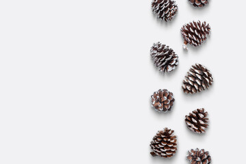 Pine cones in vertical alignment on white background. Christmas top view, flat lay composition with copy space