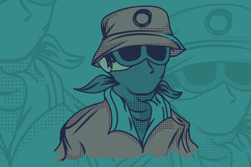 Illustration of a man wearing glasses and a mask with a bucket hat in turquoise green tones
