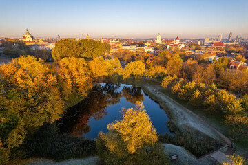 Fototapeta premium Aerial autumn fall sunrise view of Vilnius oldtown, Lithuania