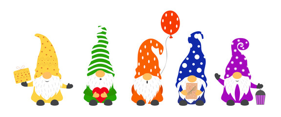 A collection of Christmas gnomes isolated on a white background. Vector