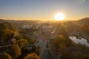 Aerial autumn fall sunrise view of Paupys district, Lithuania
