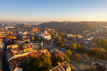 Aerial autumn fall sunrise view of Vilnius oldtown, Lithuania