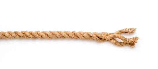 Rope jute with disheveled end isolated on white, top view.