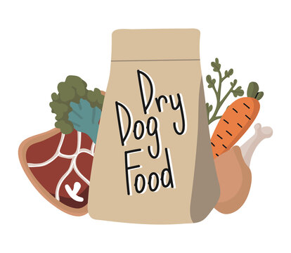 Isolated vector element. Packaging with dry dog food. Ingredients for dry food. Color image on a white background. The print is used for packaging design.