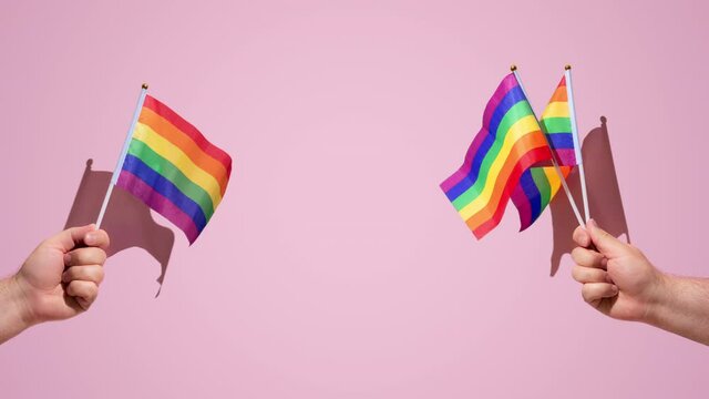 hairy hands of a man holding rainbow flags above a pink background. hard shadows of the sun, copy space