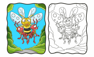 cartoon illustration Flying bees carry 2 ants coloring book or page for kids
