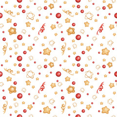 Christmas seamless pattern with gold stars and red toys, sparkles. Geometric seamless pattern is great for festive decoration of fabric, wrapping paper, gifts, cards.