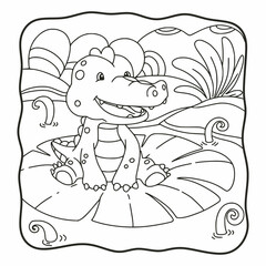 cartoon illustration crocodile sitting on lotus flower coloring book or page for kids black and white