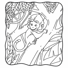 cartoon illustration monkey climbing tree coloring book or page for kids black and white