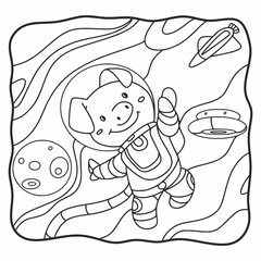 cartoon illustration astronaut pig book or page for kids black and white