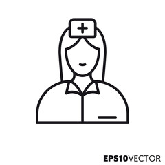 Female nurse line icon. Outline symbol of woman working in health care. Medical profession flat vector illustration.