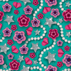Seamless pattern. Happy Valentines Day, flowers, hearts, silver stars, beads, blue background.