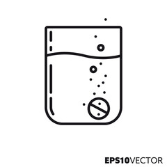 Effervescent tablet dissolving in glass line icon. Outline symbol of medicine against headaches. Health care and medicine concept flat vector illustration.
