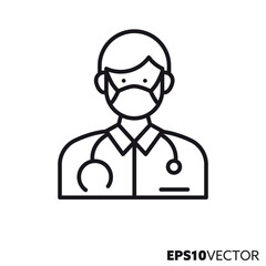 Male doctor with surgical mask line icon. Outline symbol of man working in health care. Medical profession, virus protection and hygiene concept flat vector illustration.