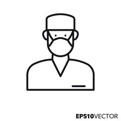 Male nurse or surgeon with surgical mask line icon. Outline symbol of man working in health care. Medical profession, virus protection and hygiene concept flat vector illustration.