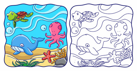 cartoon illustration marine life of whales, turtles, octopuses and starfish book or page for kids