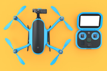 Photo and video drone or quad copter with action camera and remote on yellow