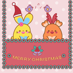 Merry Christmas! Happy cute bunny and cheerful reindeer holding flowers frame sign hanging.