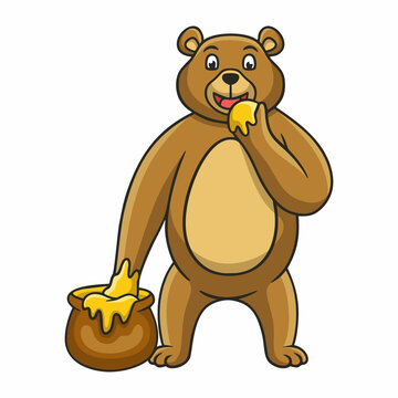 cartoon illustration bear eating honey