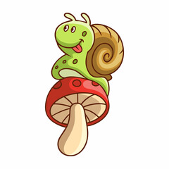 cartoon illustration the snail is on the mushroom