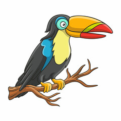 cartoon illustration toucan perched on a tree trunk