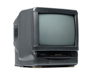 Old Black CRT TV VCR combined in one unit, isolated on white background. File contains a path to isolation. - obrazy, fototapety, plakaty