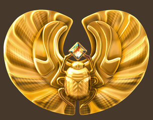 Representation of an Egyptian scarab amulet. The ancient Egyptians saw the winged beetle as a symbol of renewal and rebirth. 3D illustration isolated on dark background  - obrazy, fototapety, plakaty