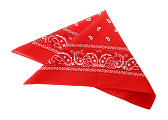 Folded red bandana with paisley pattern isolated on white, top view