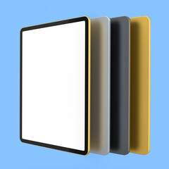 Set of computer tablets with cover case and blank screen isolated on blue.